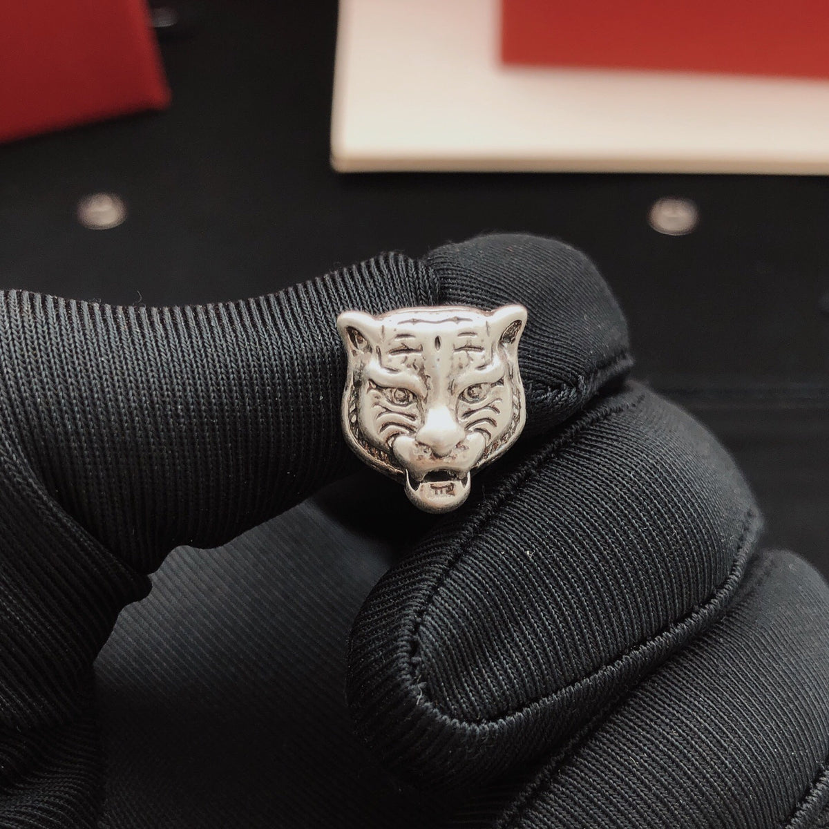 Tiger Head Stud Earrings in Gold-Tone side detail