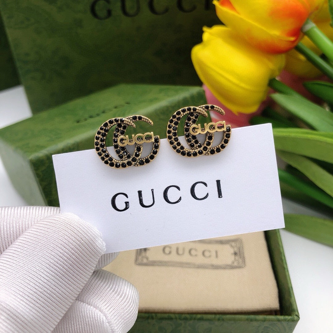 Double-G Emblem Stud Earrings in Polished Metal-Tone – Design 003 front product view