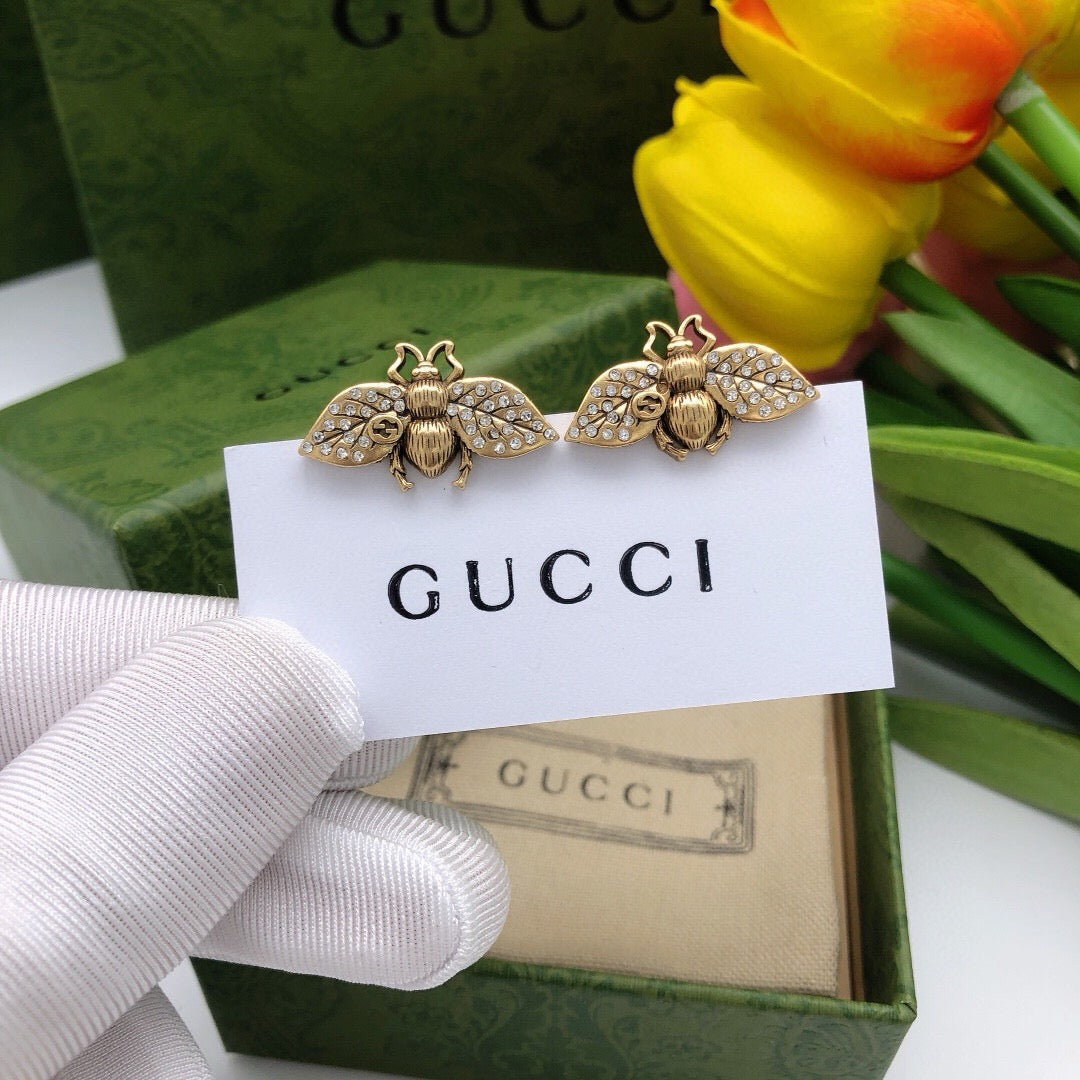 Bee Stud Earrings in Polished Metal-Tone – Bee Detail – Design 004 front product view
