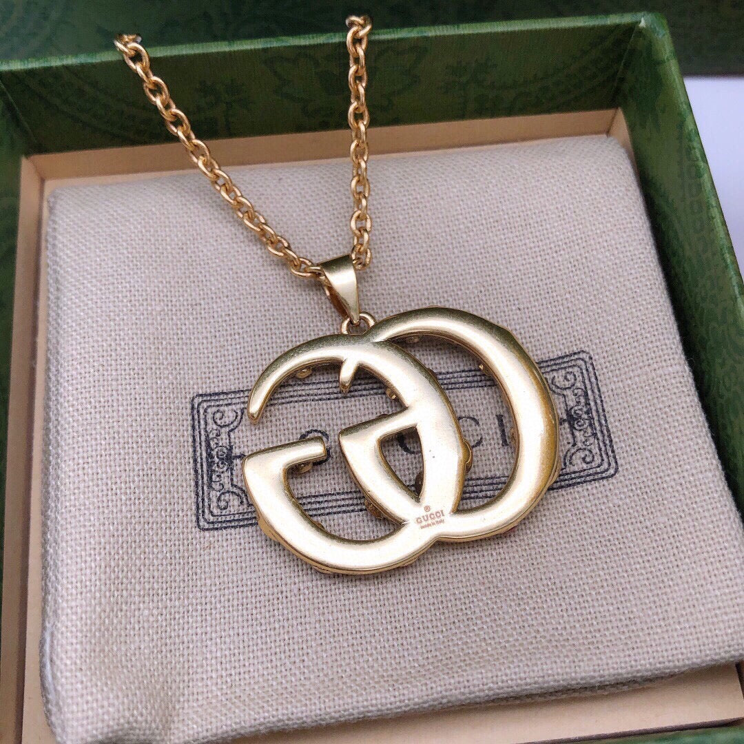 Double-G Emblem Pendant Necklace in Polished Metal-Tone – Vintage Detail – Design 008 styled product view