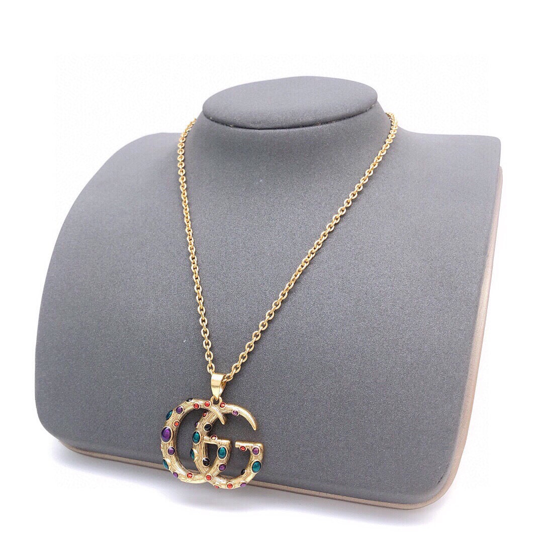 Double-G Emblem Pendant Necklace in Polished Metal-Tone – Vintage Detail – Design 008 front product view