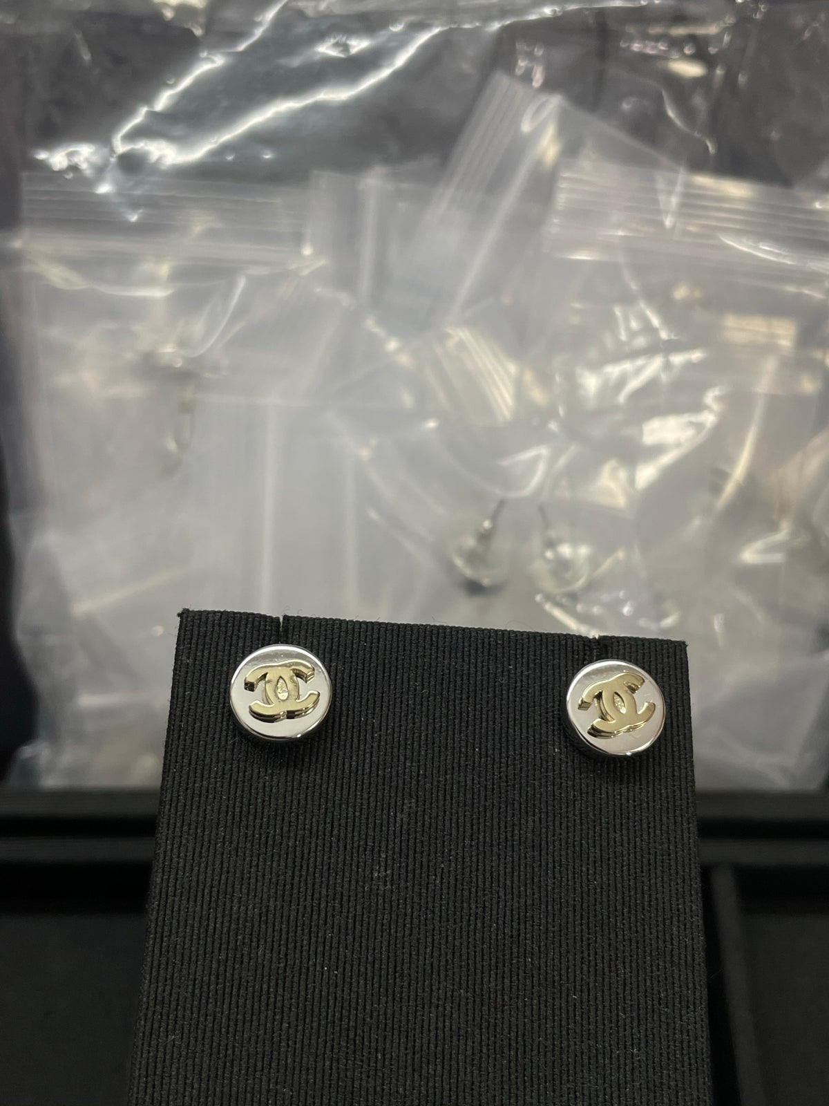 Double-C Emblem Stud Earrings in Polished Metal-Tone – Design 324 main product view