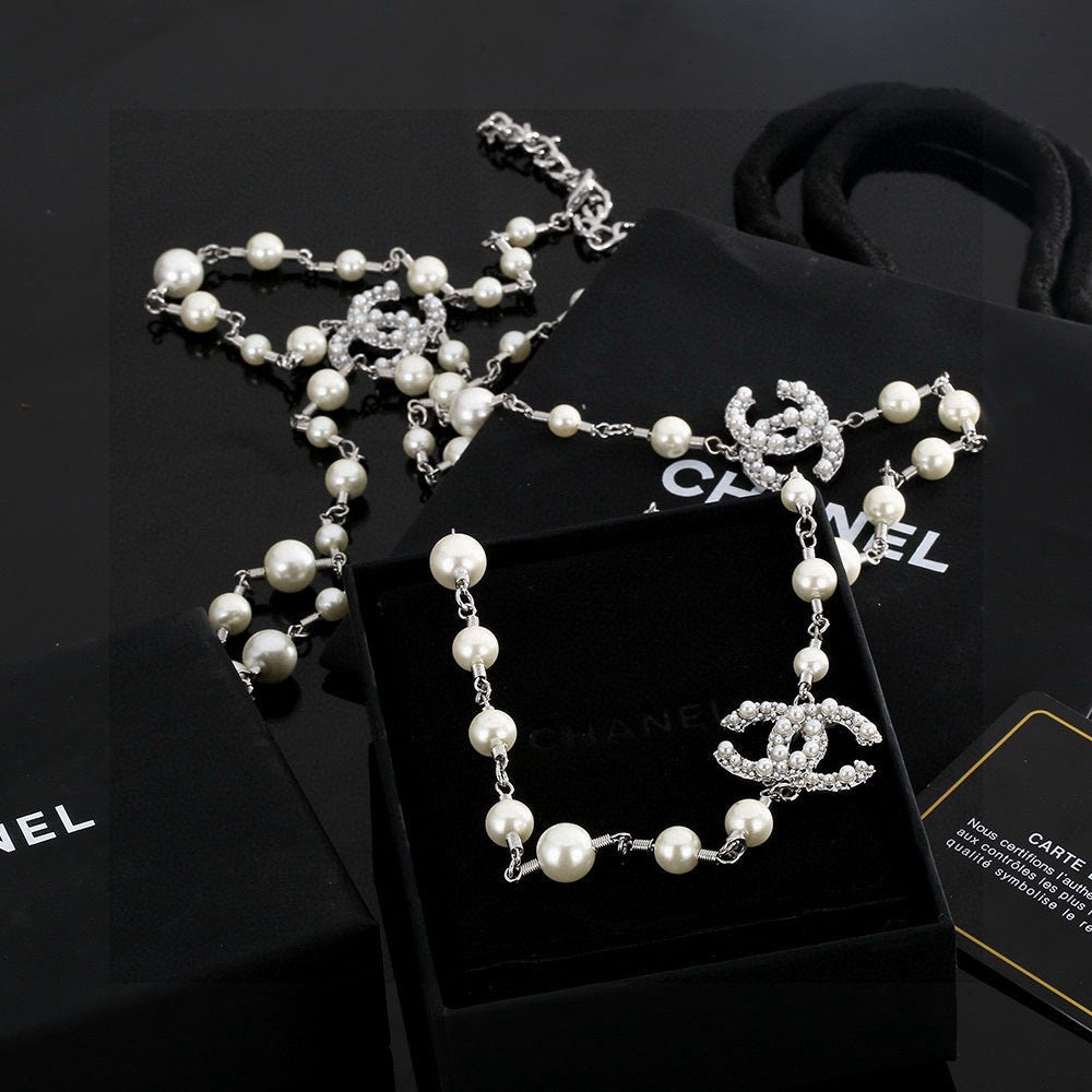Double-C Emblem Pearl-Detail Pendant Necklace – Pearl Detail – Design 008 front product view