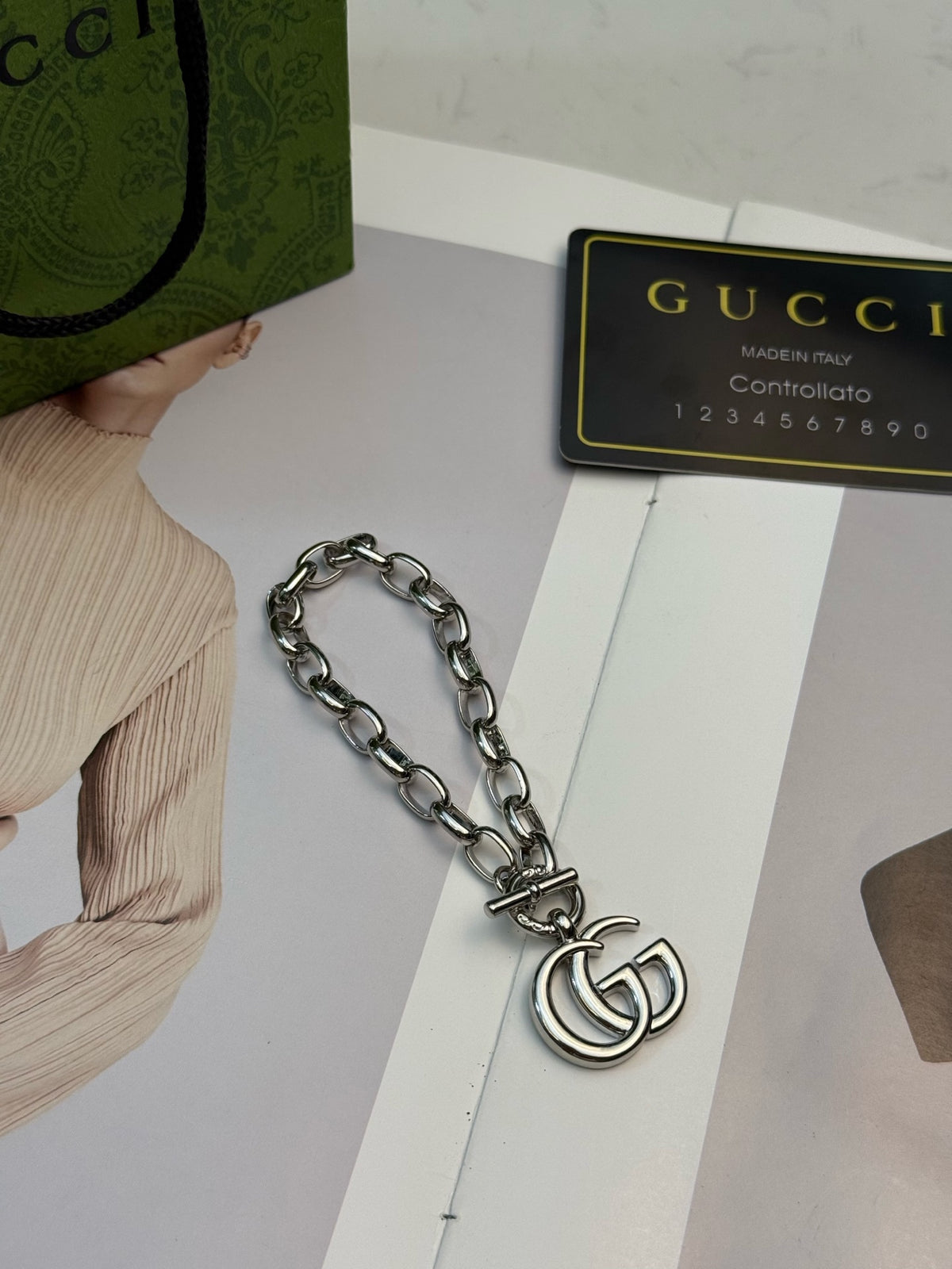 Double-G Emblem Bracelet in Polished Metal-Tone – Vintage Detail – Design 008 styled product view
