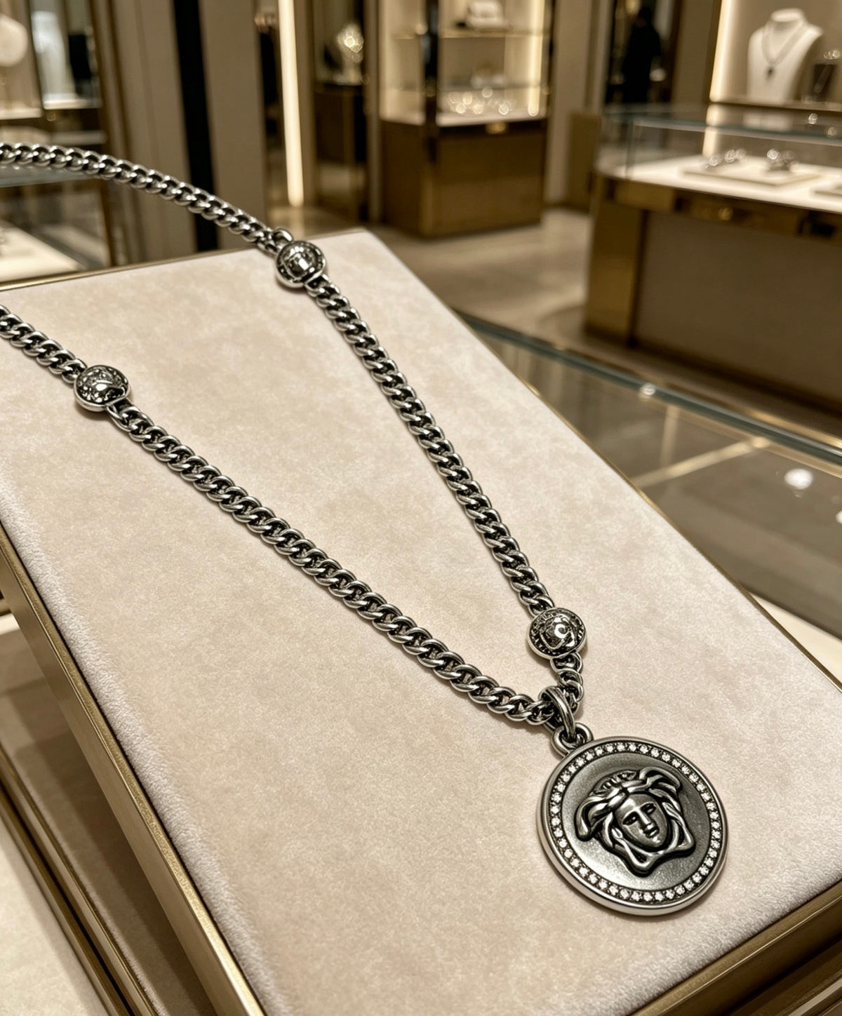 Medusa Head Pendant Necklace in Antique Silver-Tone – 60 cm – Design 07 main product view