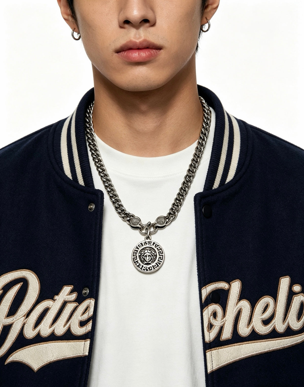 Medusa Head Pendant Necklace in Antique Silver-Tone – 55 cm – Design 02 styled product view
