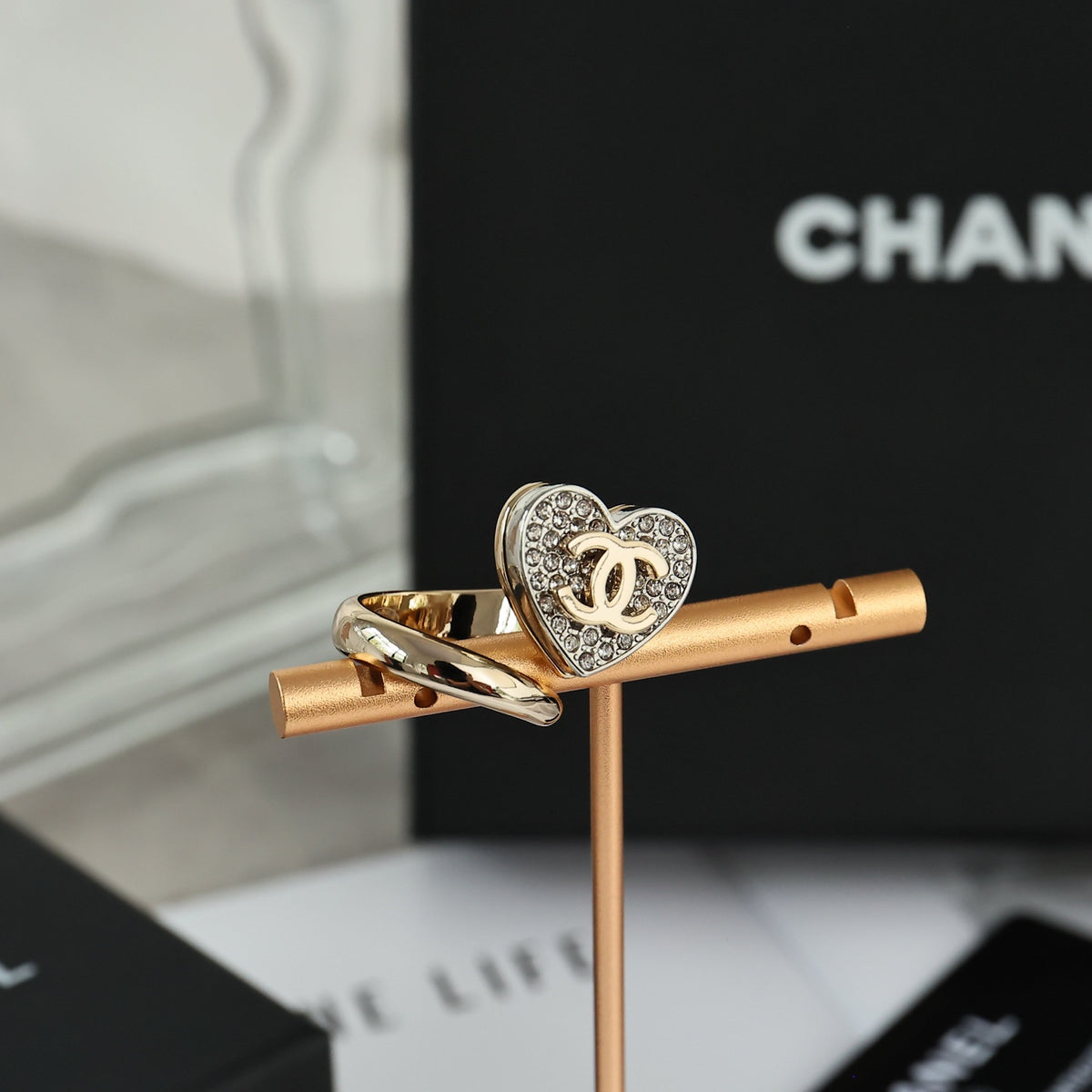 Double-C Emblem Statement Ring in Polished Metal-Tone – Heart Detail – Design 003 main product view