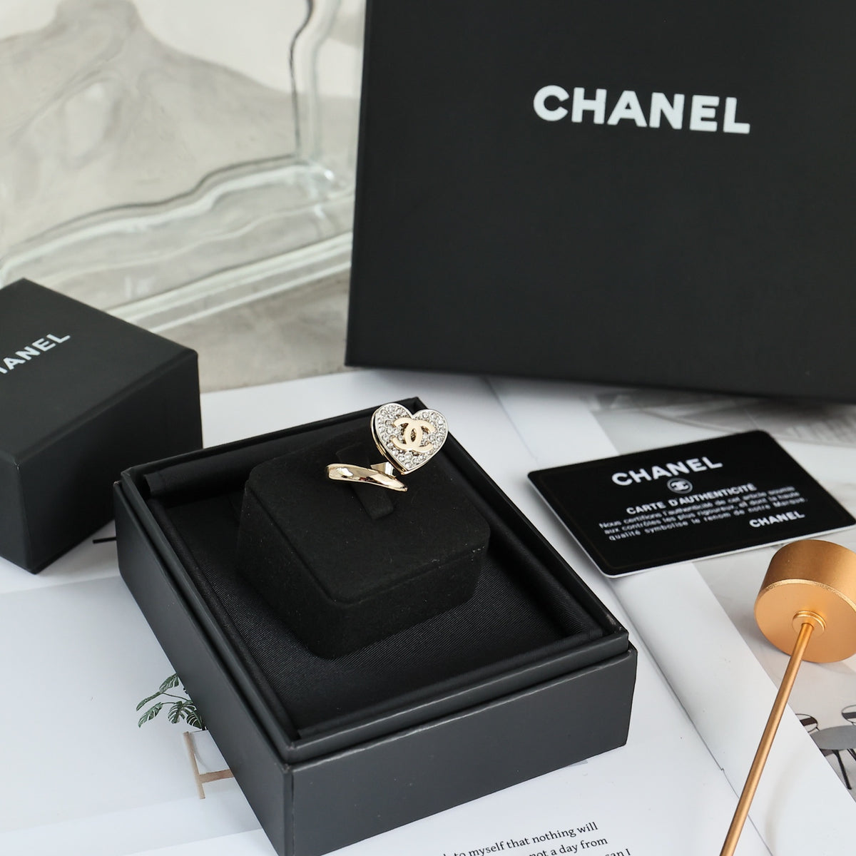 Double-C Emblem Statement Ring in Polished Metal-Tone – Heart Detail – Design 002 close-up detail