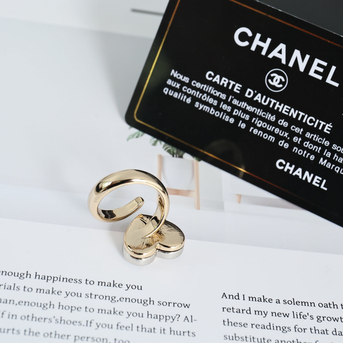 Double-C Emblem Statement Ring in Polished Metal-Tone – Heart Detail – Design 003 front product view