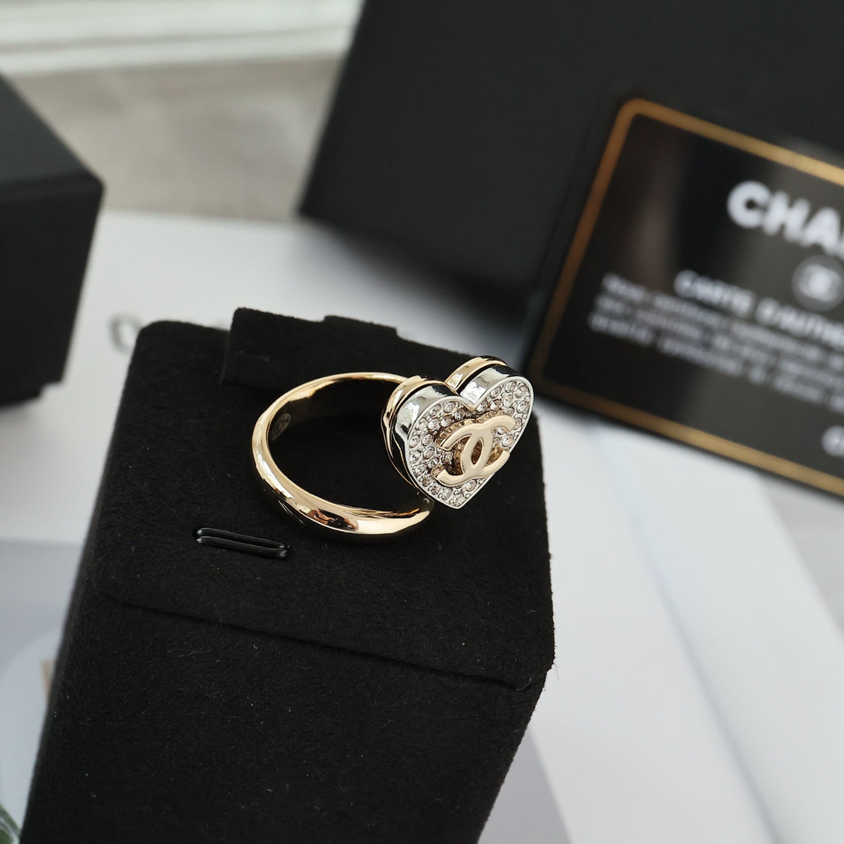 Double-C Emblem Statement Ring in Polished Metal-Tone – Heart Detail – Design 003 detail view