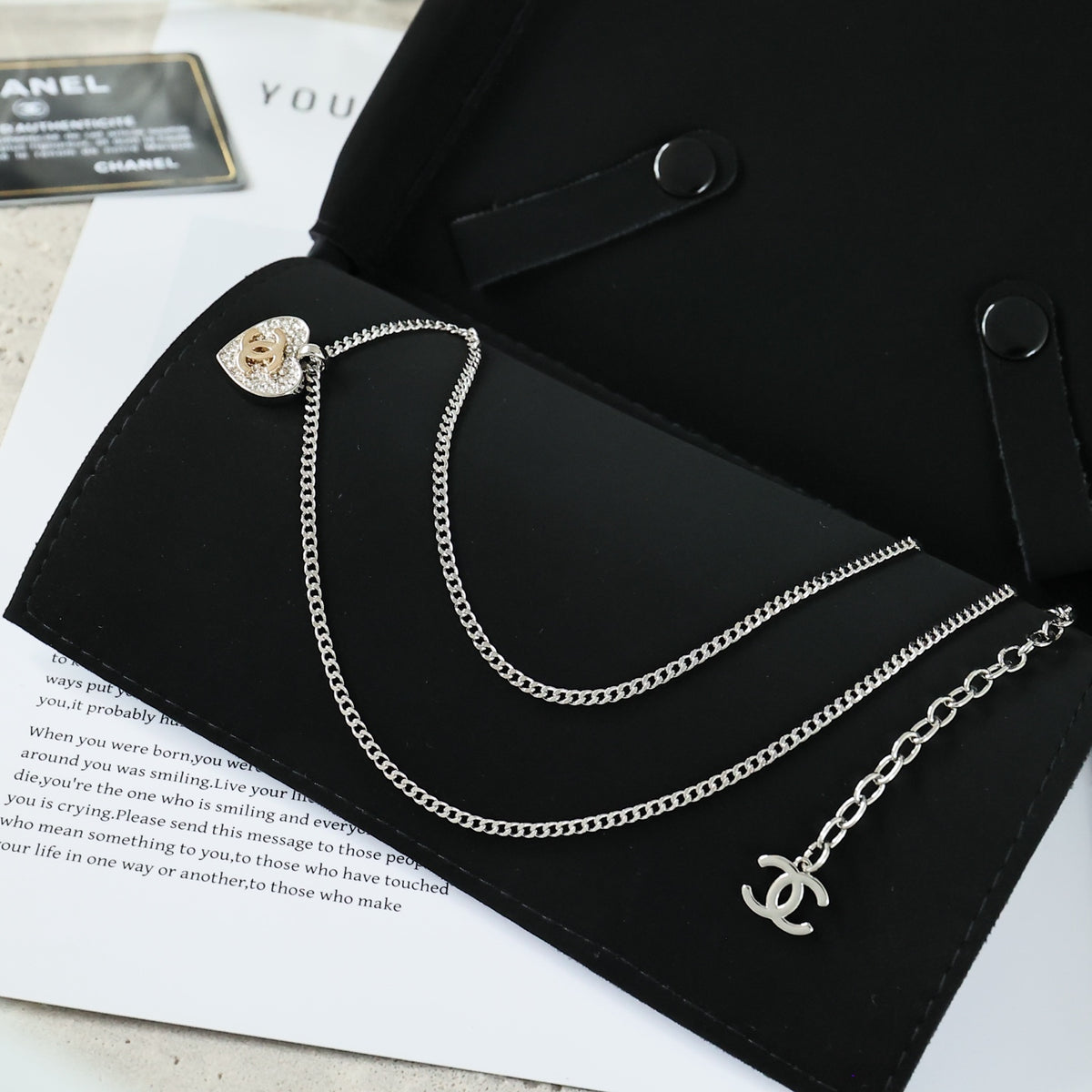 Double-C Emblem Crystal-Accent Pendant Necklace – Heart Detail – Design 008 close-up detail