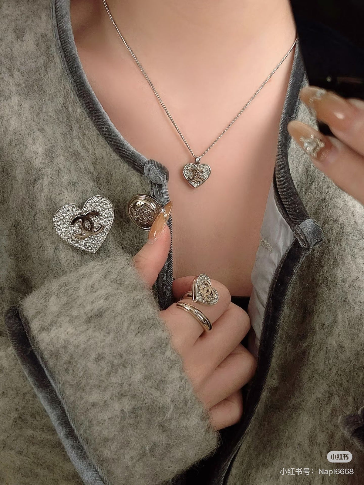 Double-C Emblem Crystal-Accent Pendant Necklace – Heart Detail – Design 007 main product view
