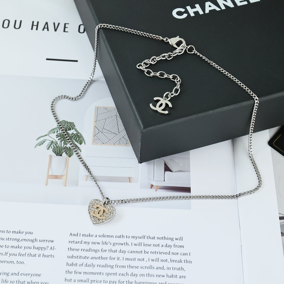Double-C Emblem Crystal-Accent Pendant Necklace – Heart Detail – Design 007 styled product view