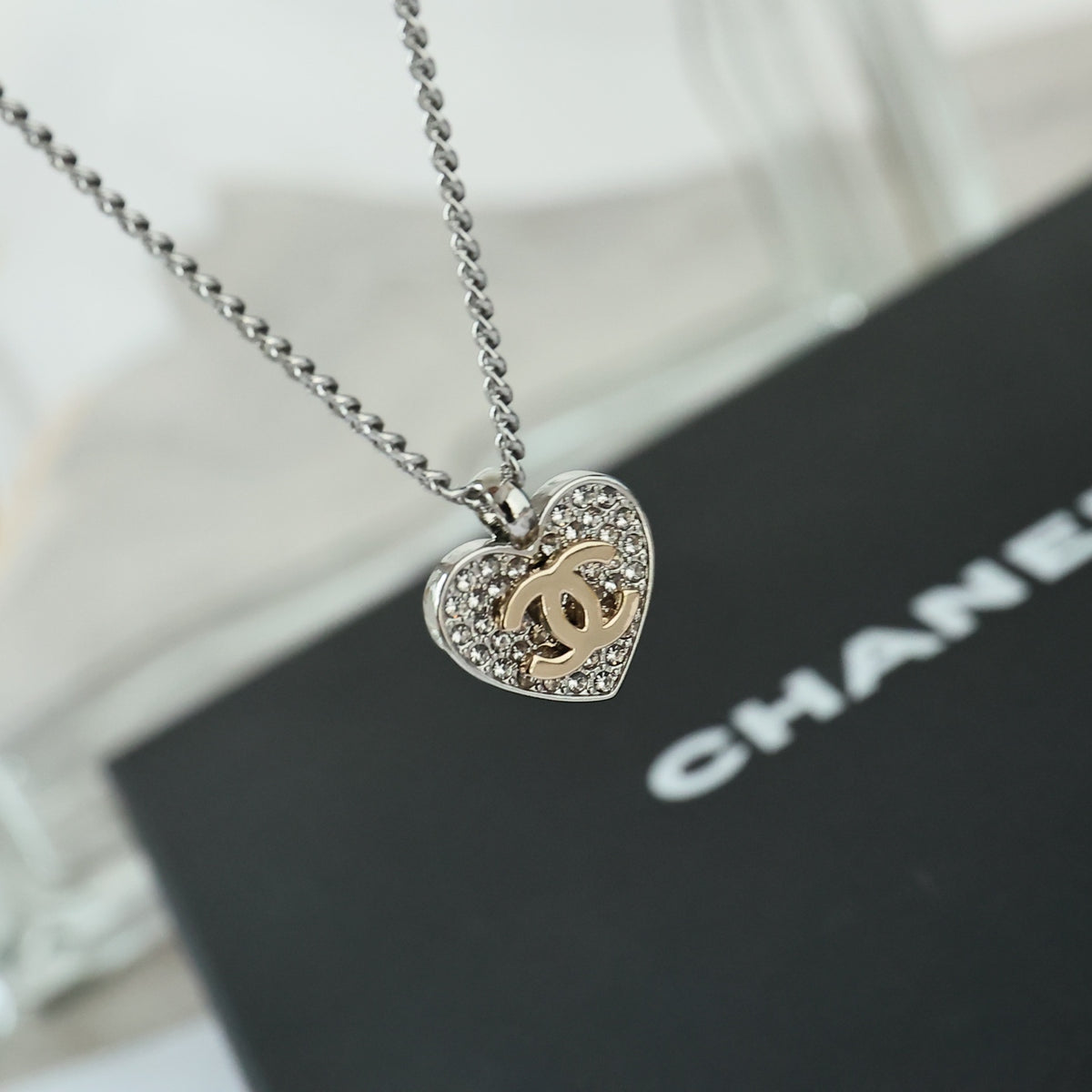 Double-C Emblem Crystal-Accent Pendant Necklace – Heart Detail – Design 007 front product view