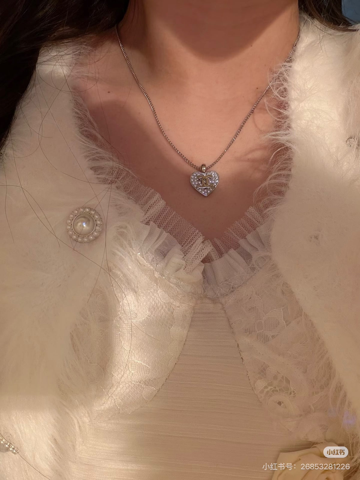 Double-C Emblem Crystal-Accent Pendant Necklace – Heart Detail – Design 007 front product view