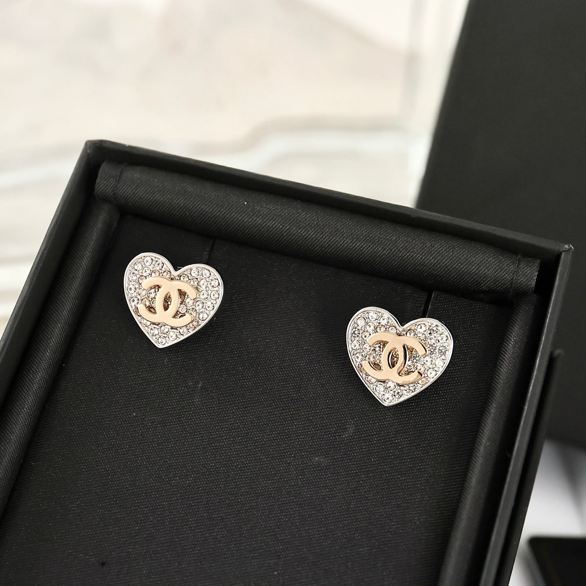 Double-C Emblem Crystal-Accent Stud Earrings – Heart Detail – Design 004 side detail