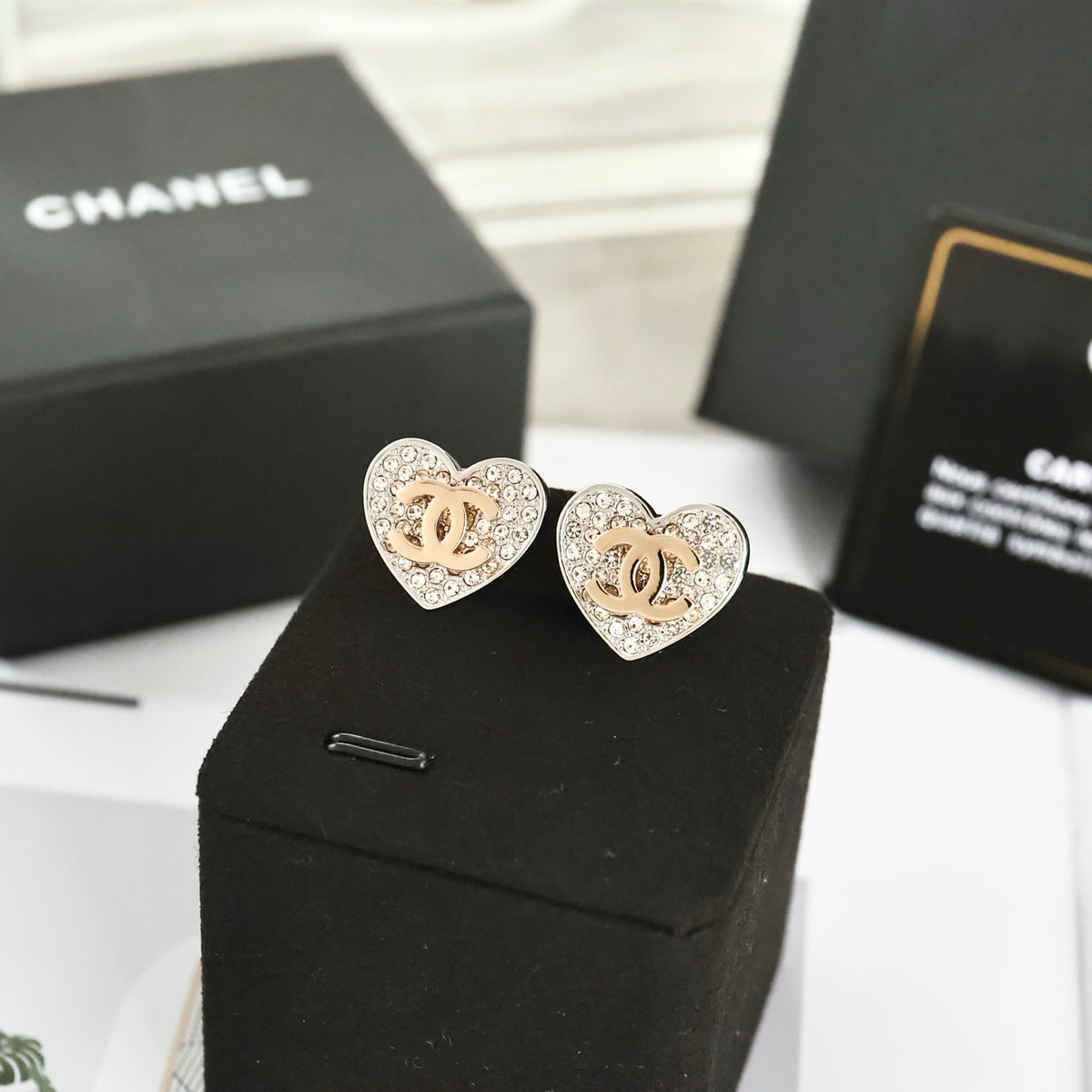 Double-C Emblem Crystal-Accent Stud Earrings – Heart Detail – Design 005 styled product view