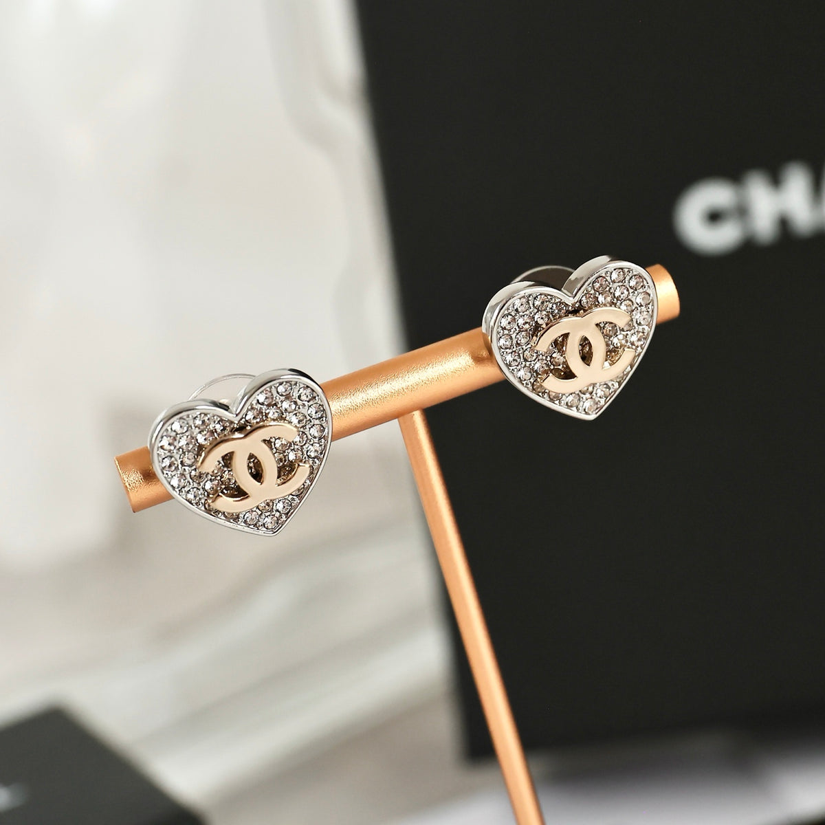 Double-C Emblem Crystal-Accent Stud Earrings – Heart Detail – Design 004 main product view