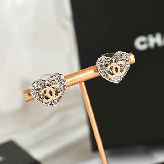 Double-C Emblem Crystal-Accent Stud Earrings – Heart Detail – Design 005 main product view