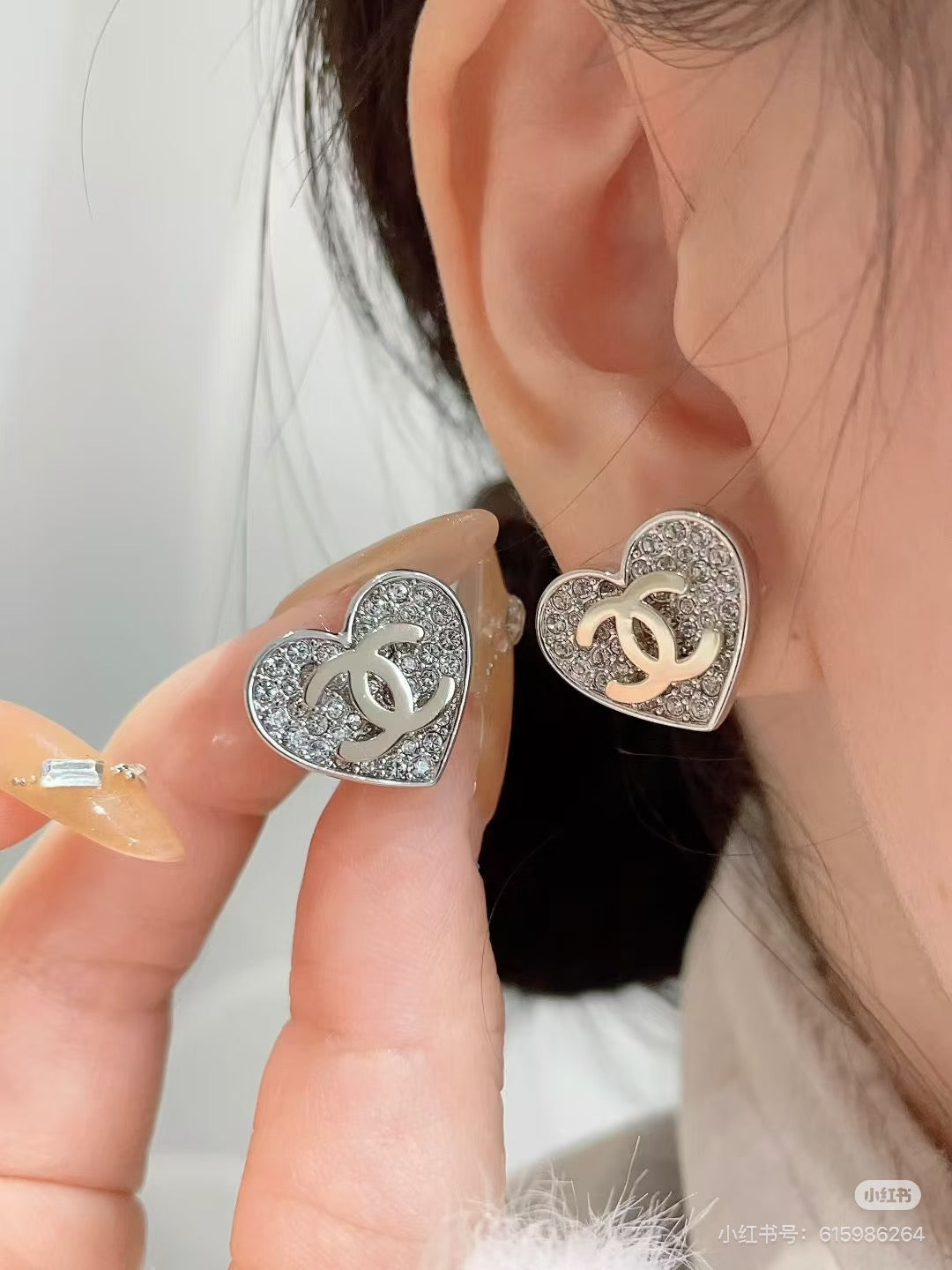 Double-C Emblem Crystal-Accent Stud Earrings – Heart Detail – Design 004 main product view