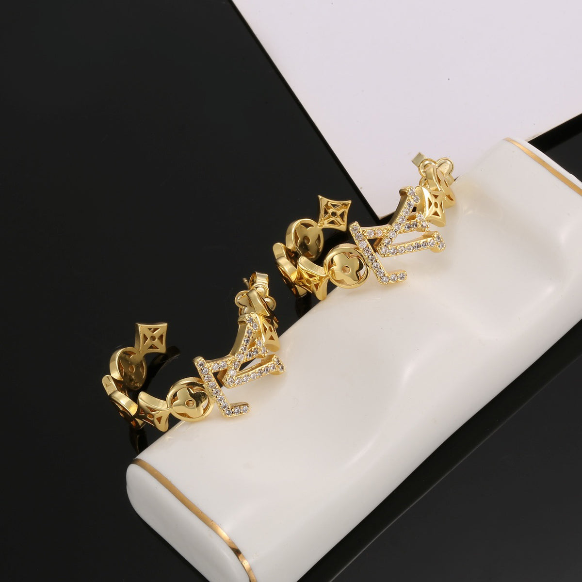 Geometric Emblem Stud Earrings in Polished Metal-Tone – Design 034 styled product view