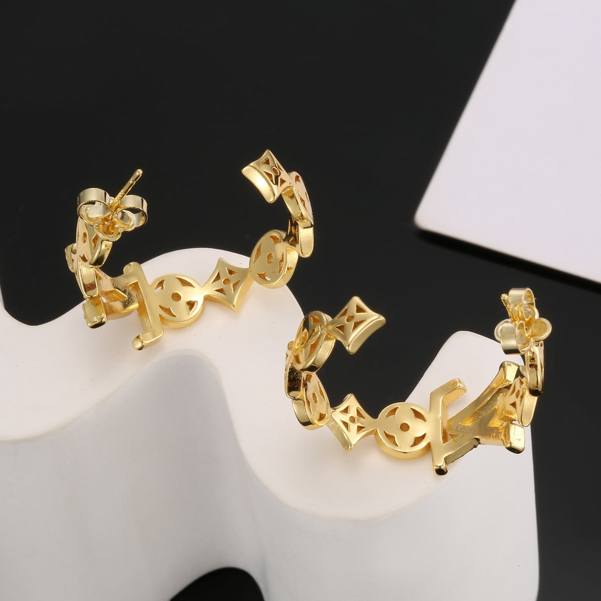 Geometric Emblem Stud Earrings in Polished Metal-Tone – Design 004 front product view