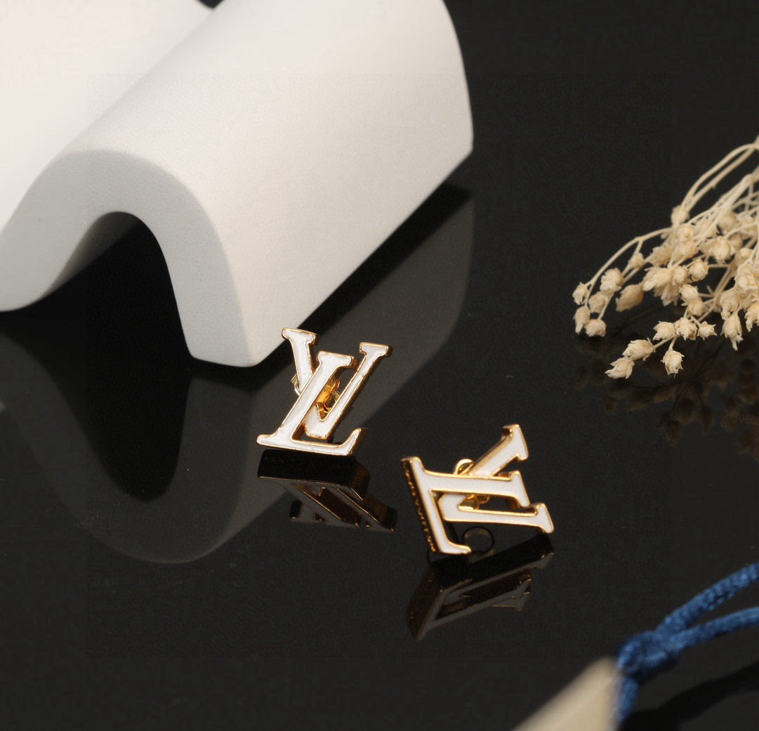 Letter Emblem Stud Earrings in Polished Metal-Tone – Design 007 main product view