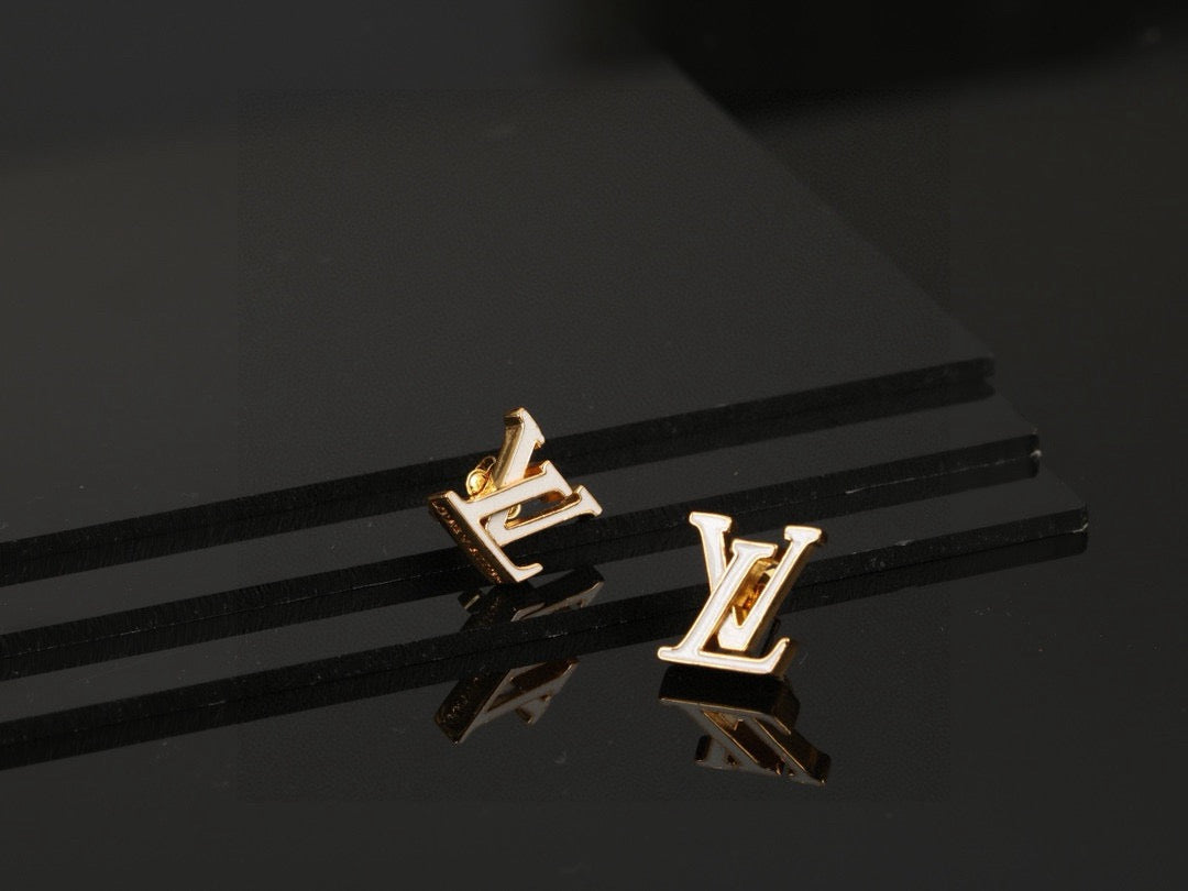 Letter Emblem Stud Earrings in Polished Metal-Tone – Design 007 front product view