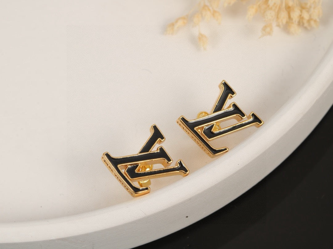 Letter Emblem Stud Earrings in Polished Metal-Tone – Design 007 detail view