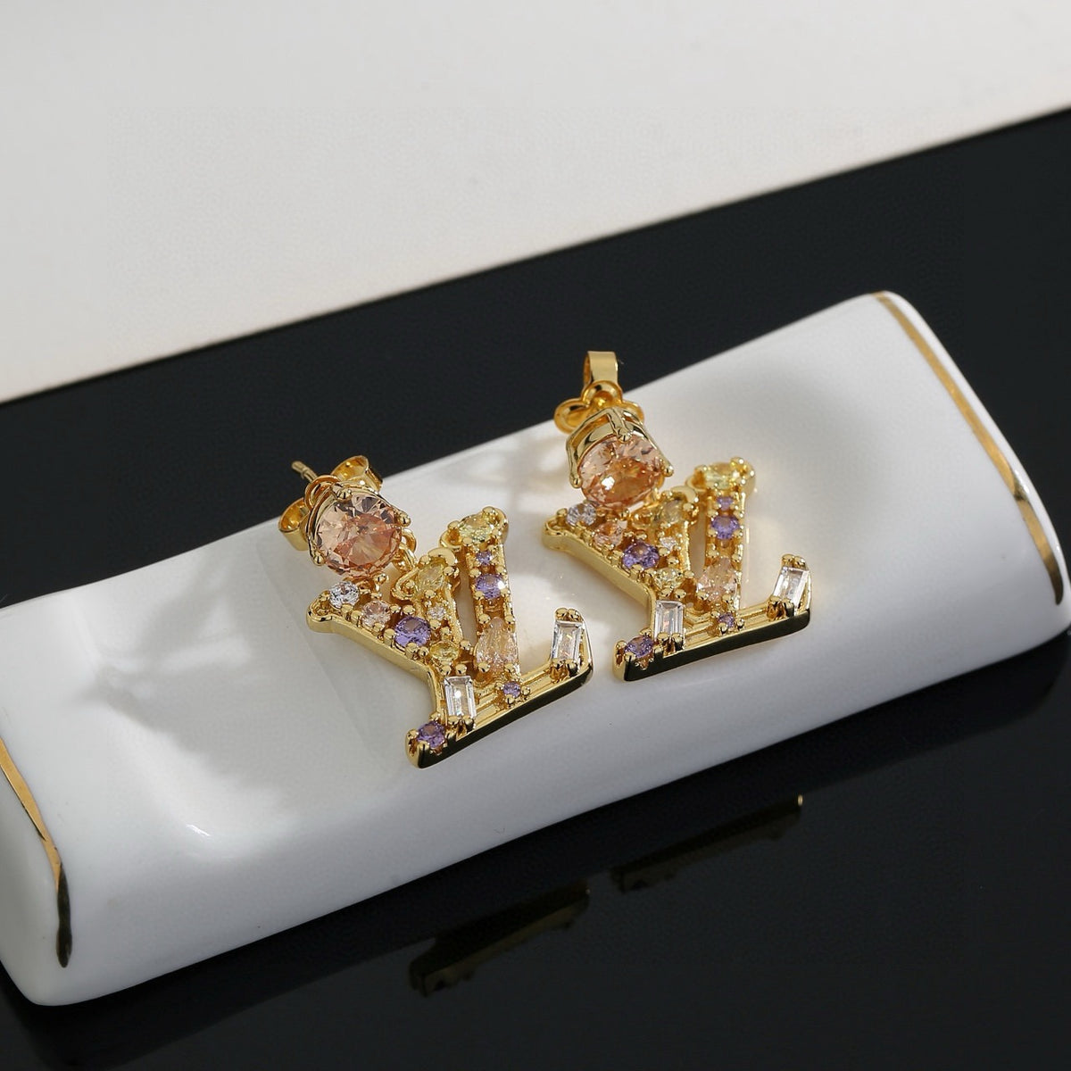 Letter Emblem Stud Earrings in Polished Metal-Tone – Design 006 side detail