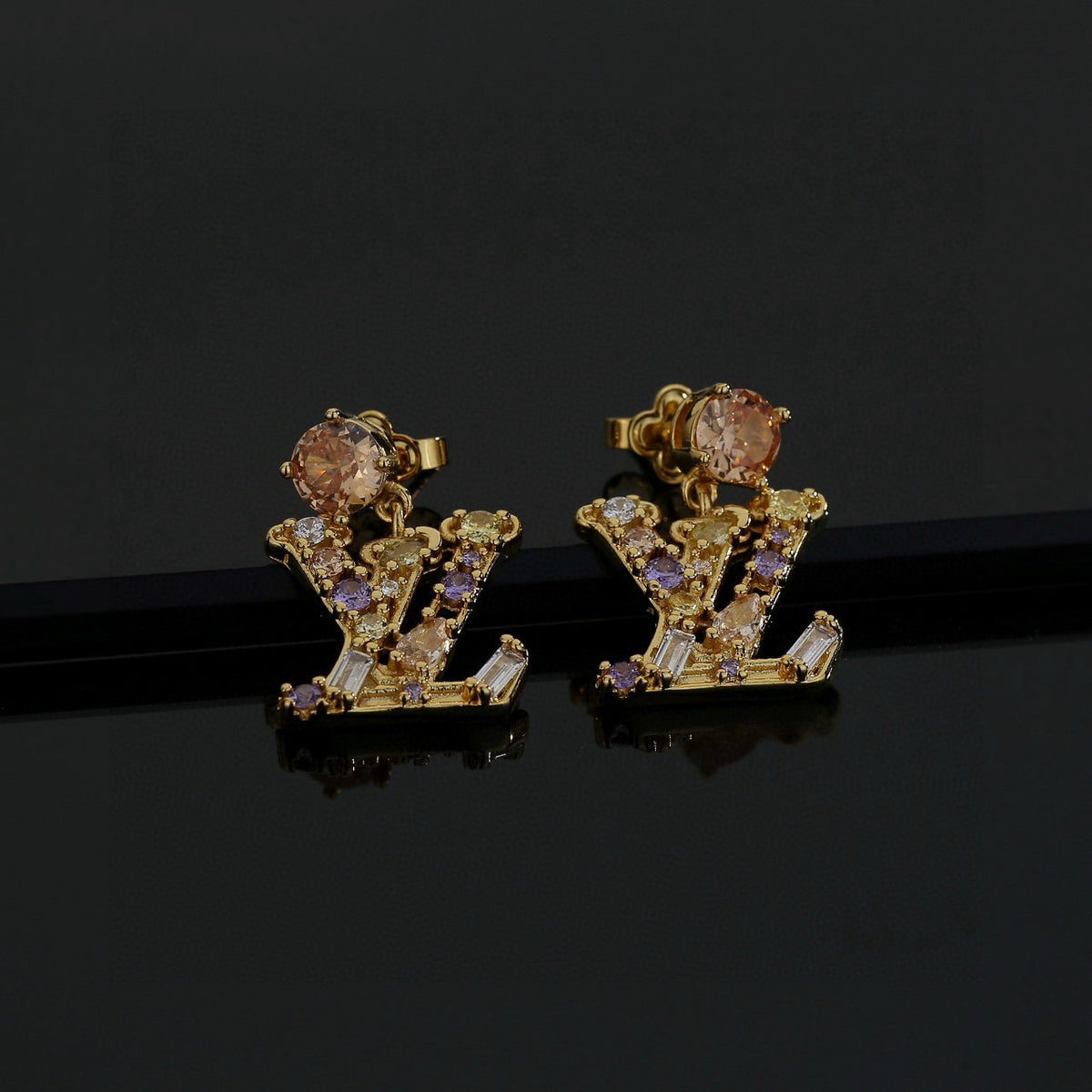Letter Emblem Stud Earrings in Polished Metal-Tone – Design 032 detail view