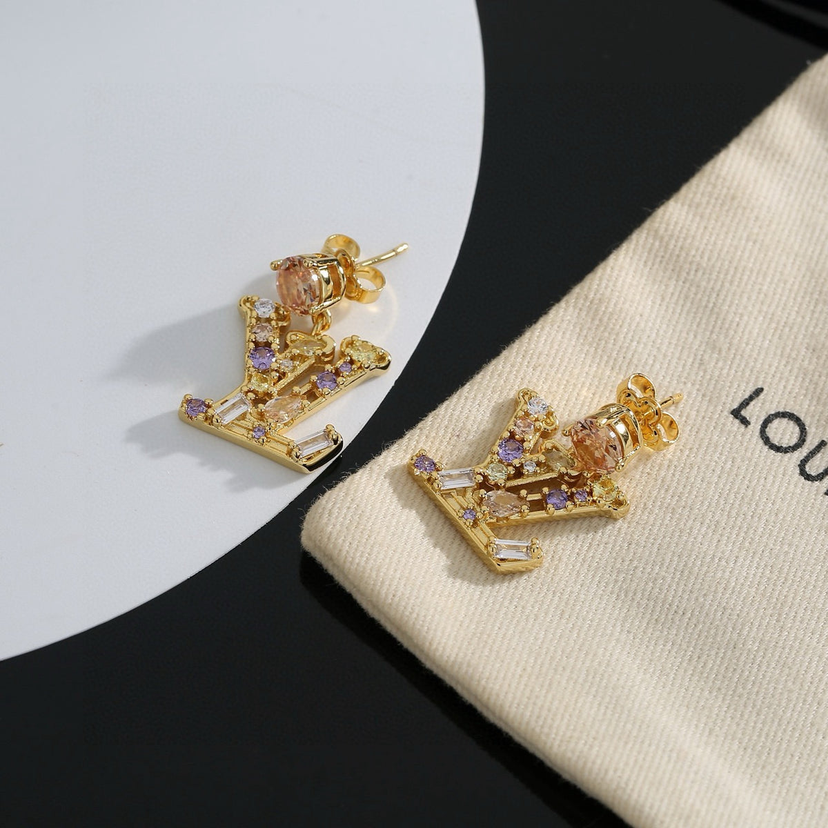 Letter Emblem Stud Earrings in Polished Metal-Tone – Design 034 main product view