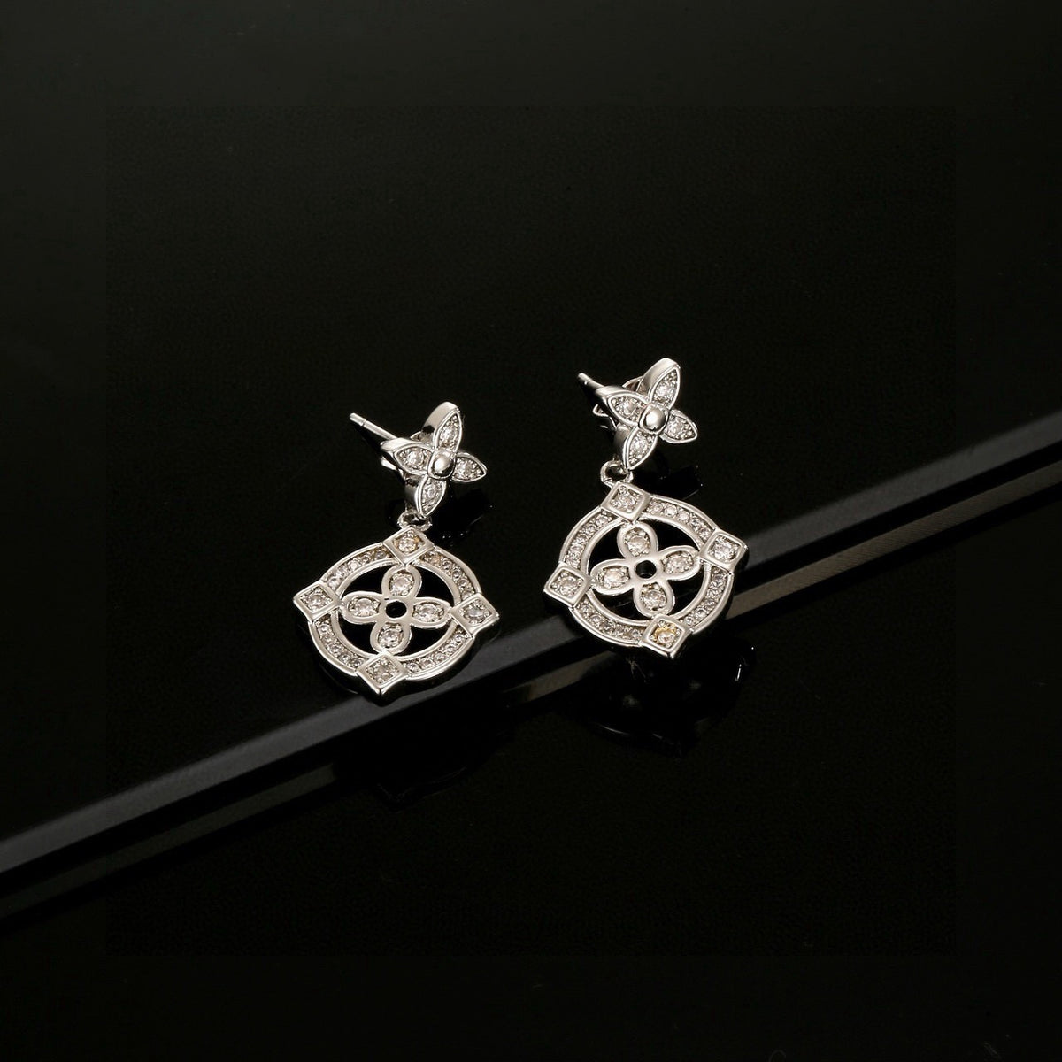 Floral Stud Earrings in Polished Metal-Tone – Design 001 side detail
