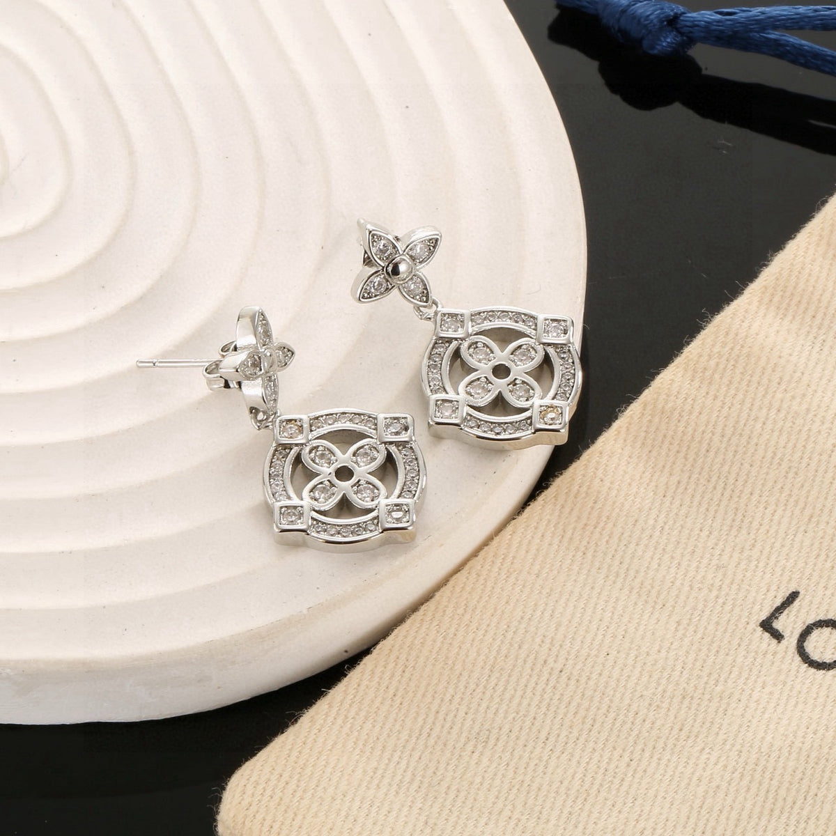 Floral Stud Earrings in Polished Metal-Tone – Design 001 close-up detail