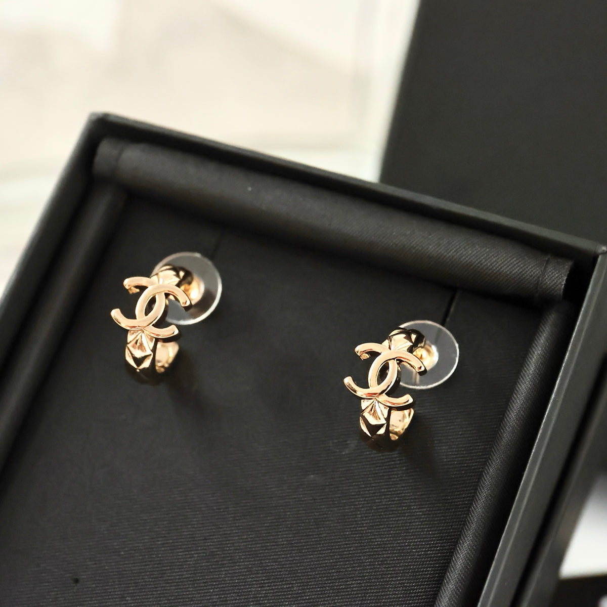 Double-C Emblem Statement Earrings in Polished Metal-Tone – Design 049 close-up detail
