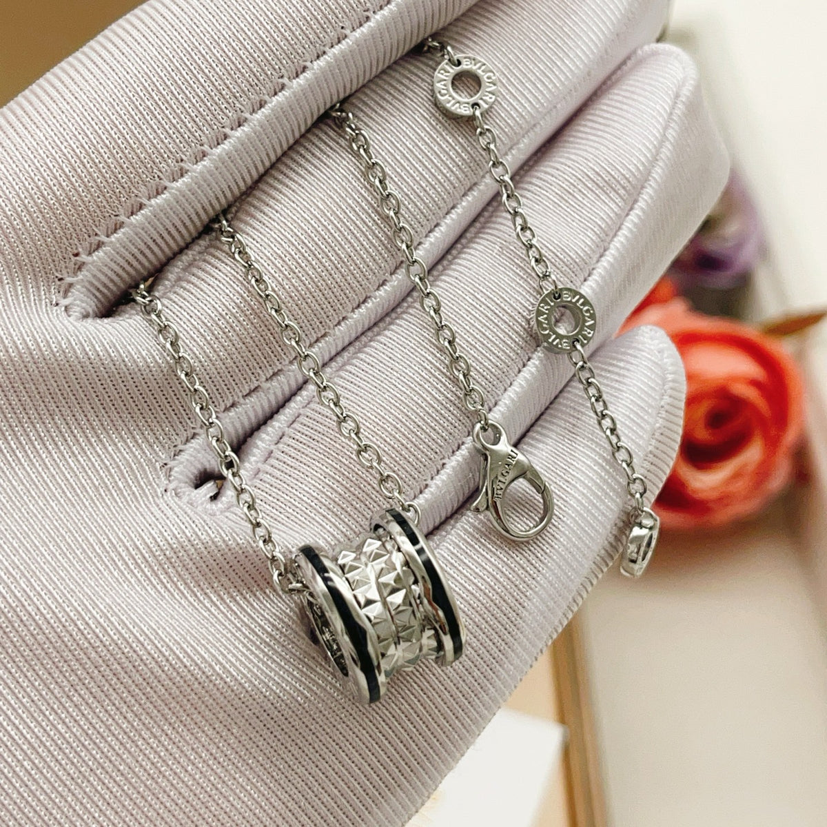 Geometric Emblem Pendant Necklace in Silver-Tone – Design 003 side detail