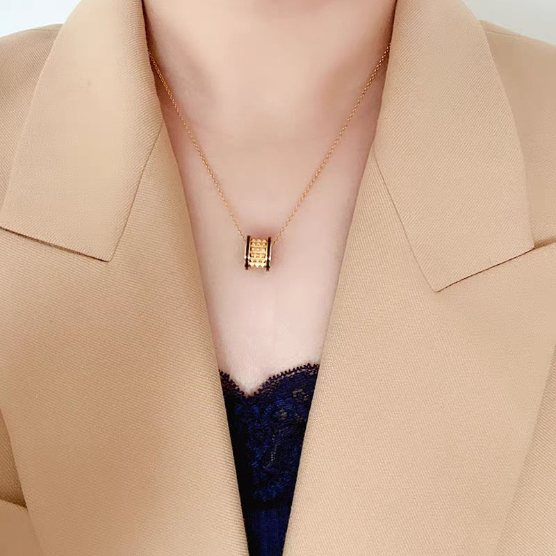 Geometric Emblem Pendant Necklace in Gold-Tone – Design 007 detail view