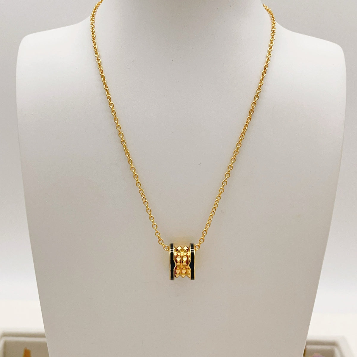 Geometric Emblem Pendant Necklace in Gold-Tone – Design 007 close-up detail