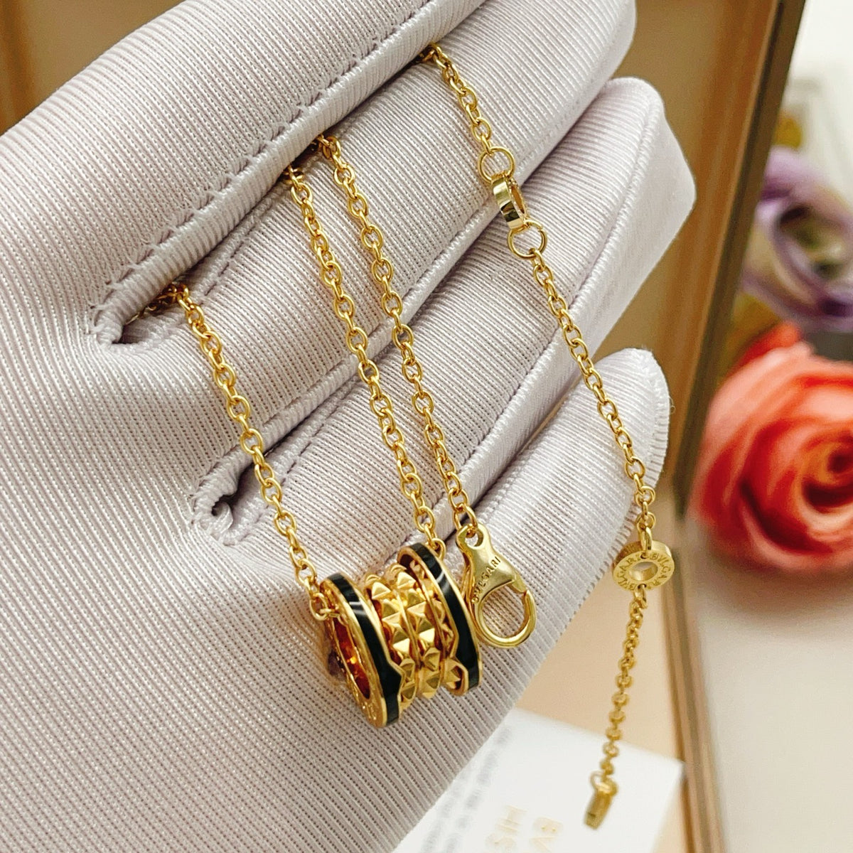 Geometric Emblem Pendant Necklace in Gold-Tone – Design 007 side detail