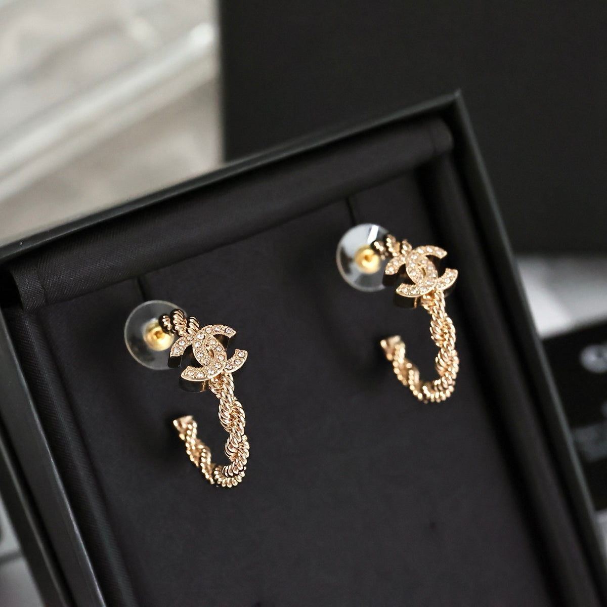 Double-C Emblem Statement Earrings in Polished Metal-Tone – Design 051 close-up detail