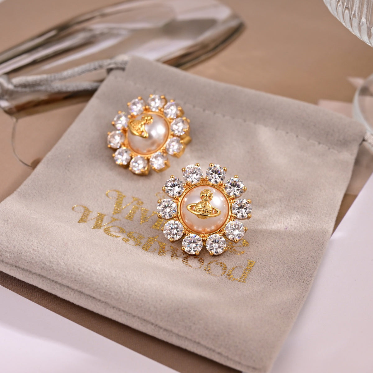 Orb Stud Earrings in Polished Metal-Tone – Design 014 side detail