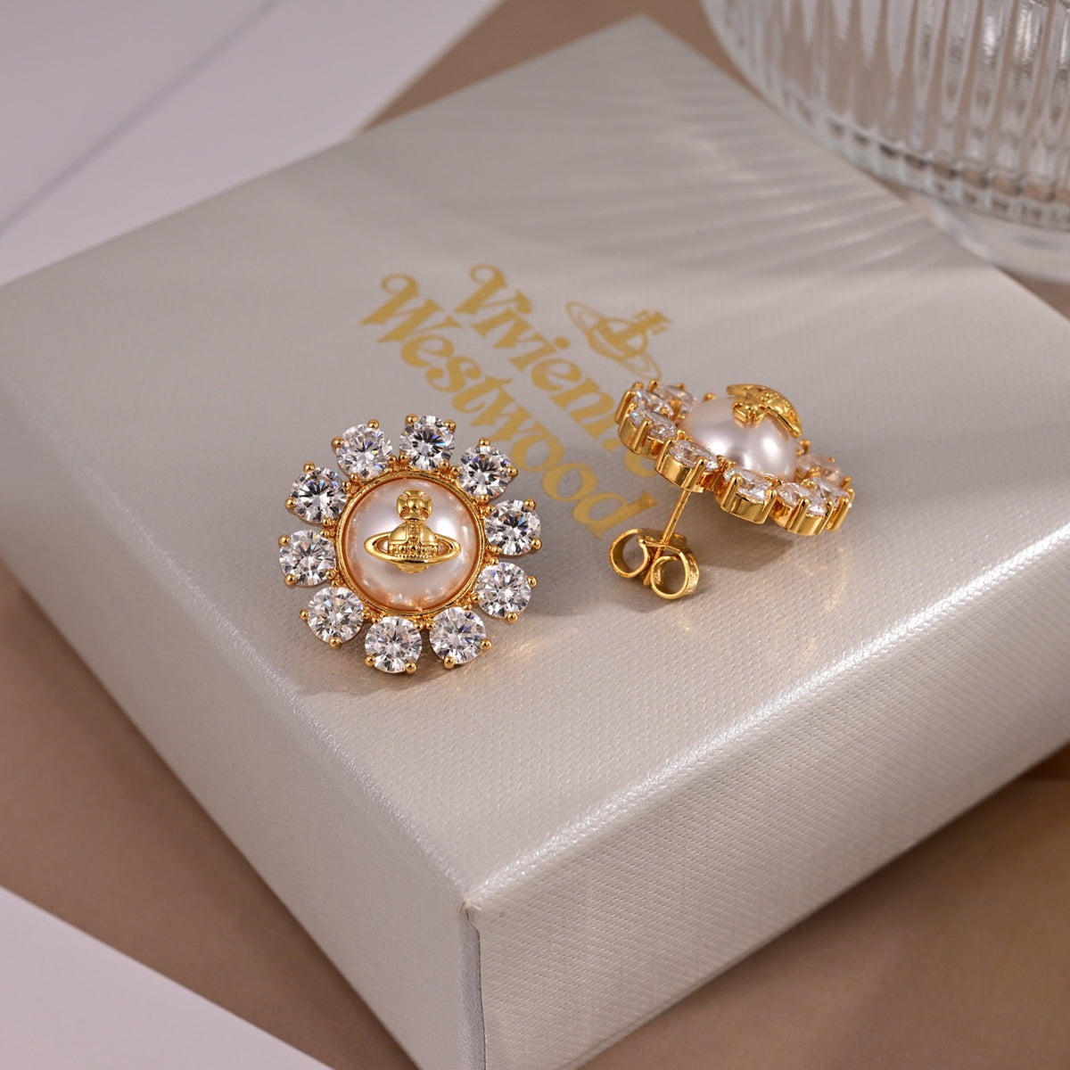 Orb Stud Earrings in Polished Metal-Tone – Design 014 detail view