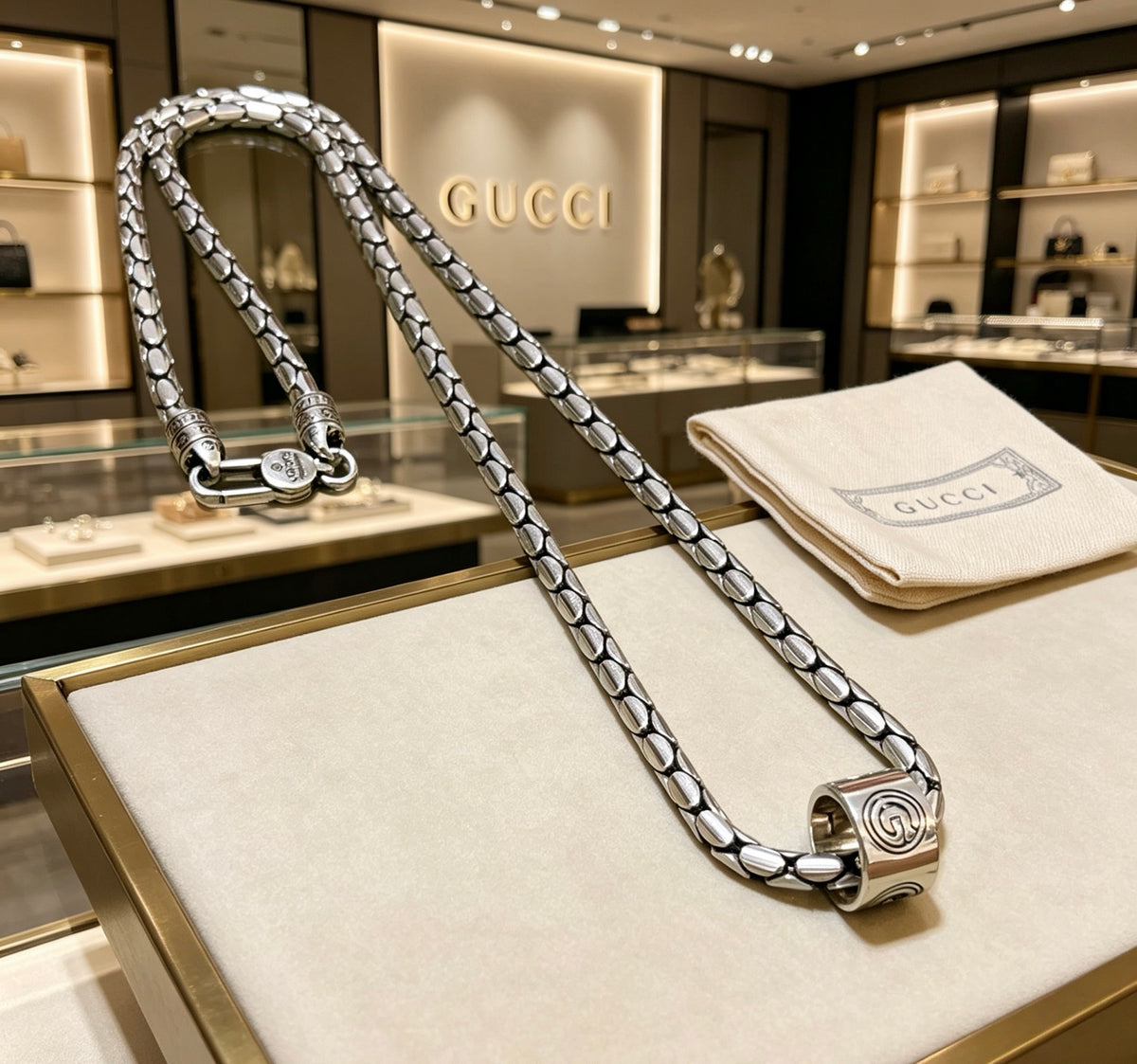 Double-G Emblem Pendant Necklace in Polished Metal-Tone – Vintage Detail – Design 016 main product view