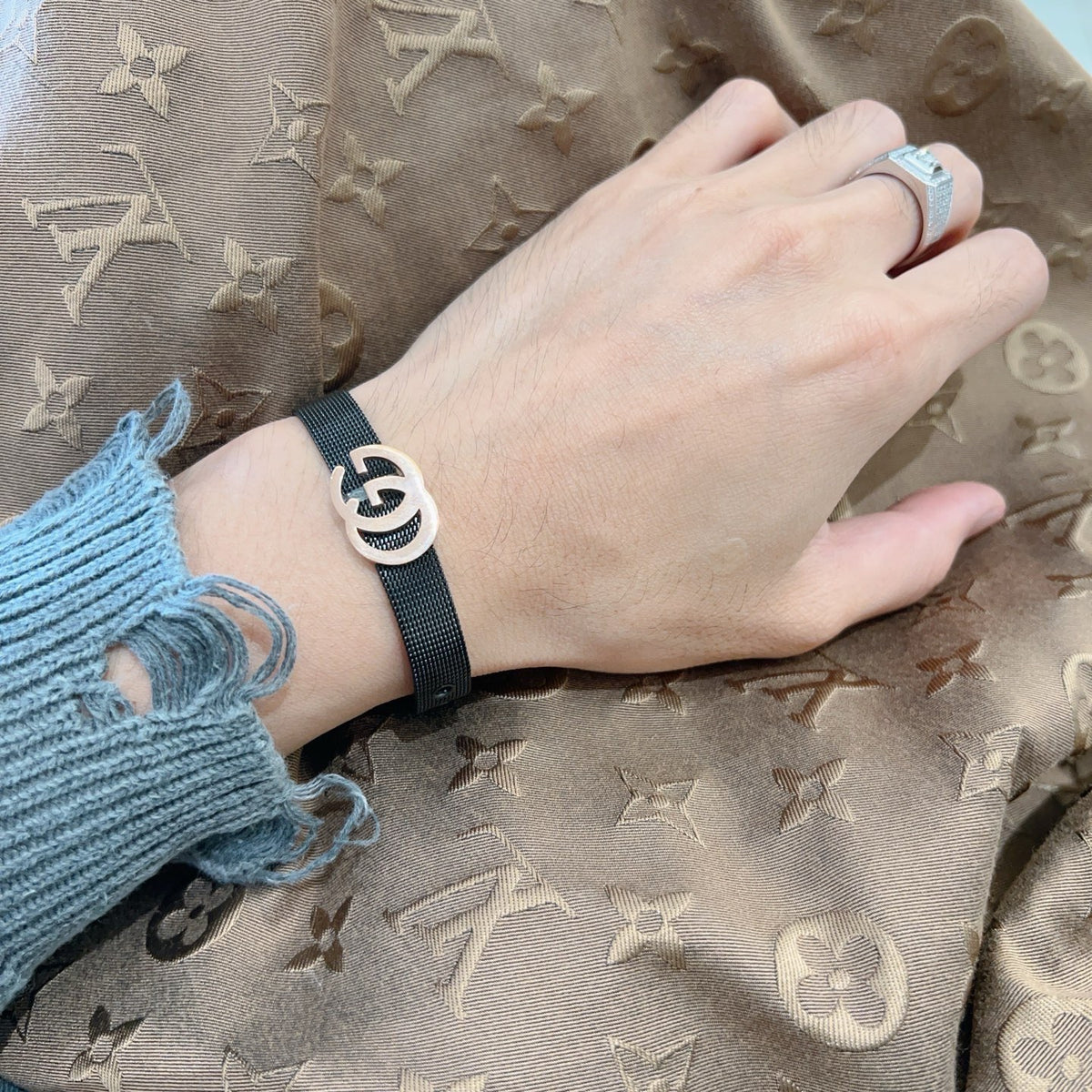 Geometric Emblem Bracelet in Polished Metal-Tone – Design 026 detail view