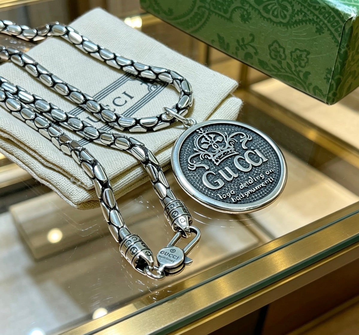 Double-G Emblem Pendant Necklace in Polished Metal-Tone – Design 062 front product view