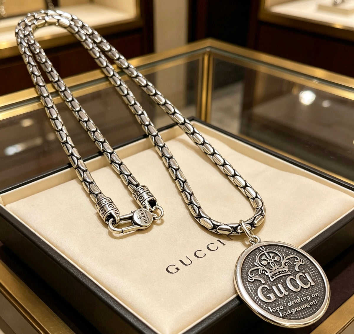 Double-G Emblem Pendant Necklace in Polished Metal-Tone – Design 062 main product view