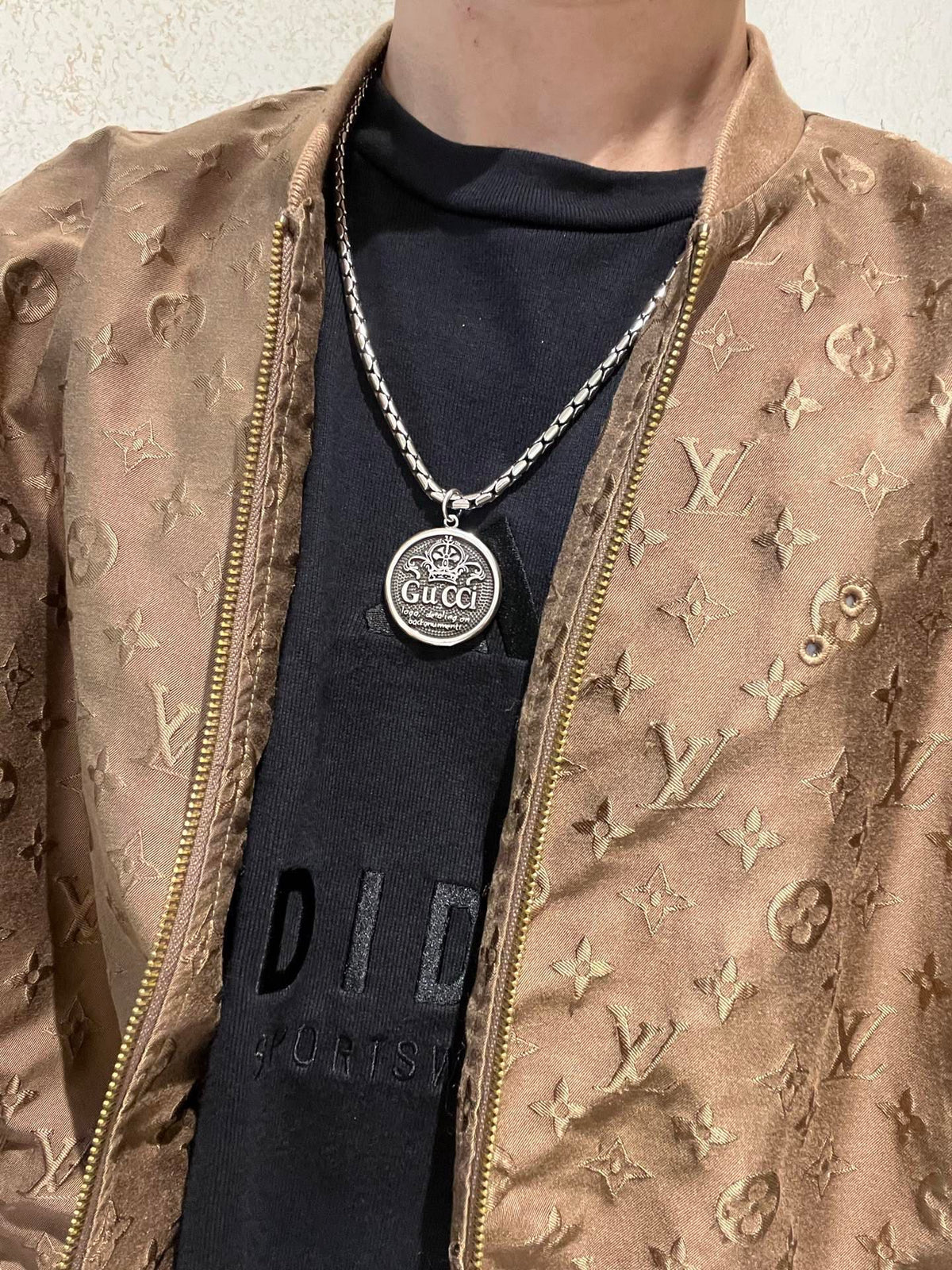 Double-G Emblem Pendant Necklace in Polished Metal-Tone – Design 062 styled product view
