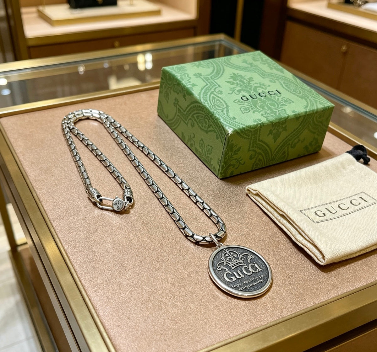 Double-G Emblem Pendant Necklace in Polished Metal-Tone – Design 062 main product view