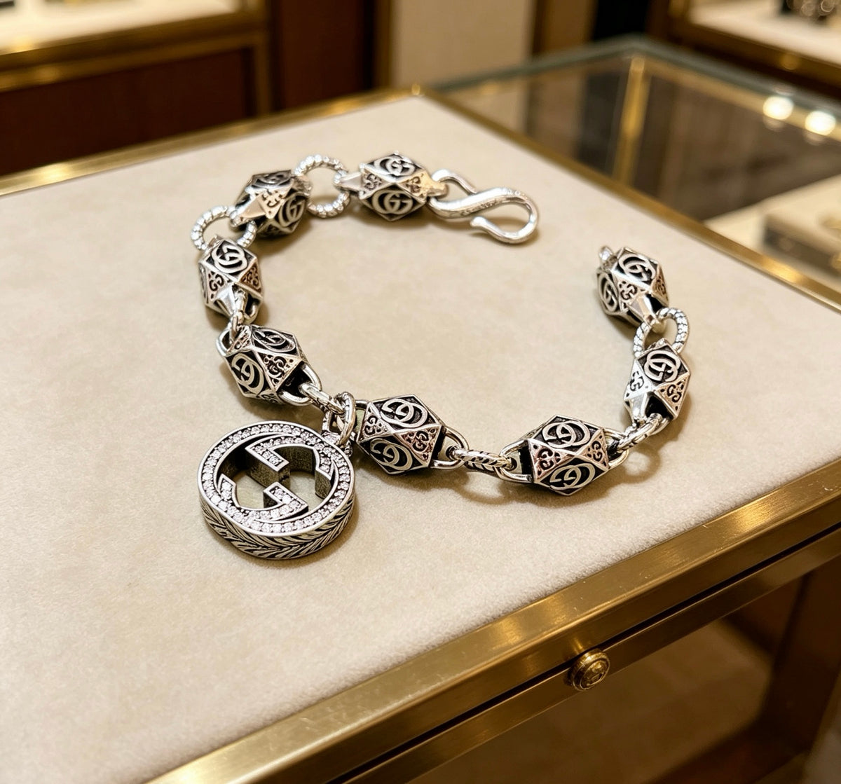Geometric Emblem Bracelet in Polished Metal-Tone – Design 024 front product view