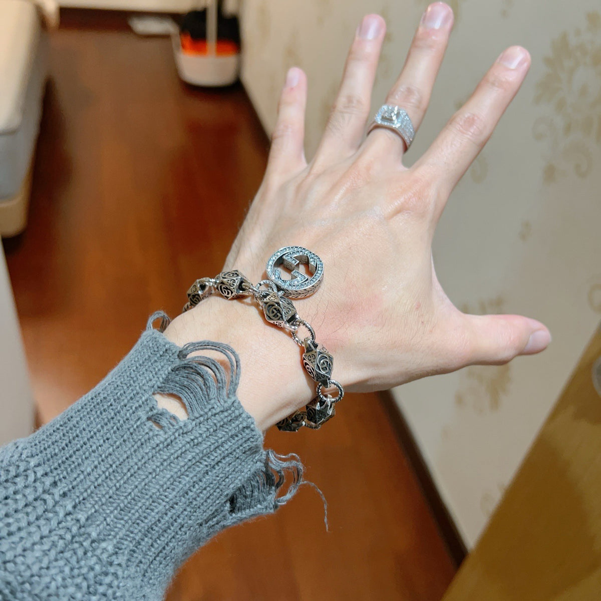 Geometric Emblem Bracelet in Polished Metal-Tone – Design 024 detail view